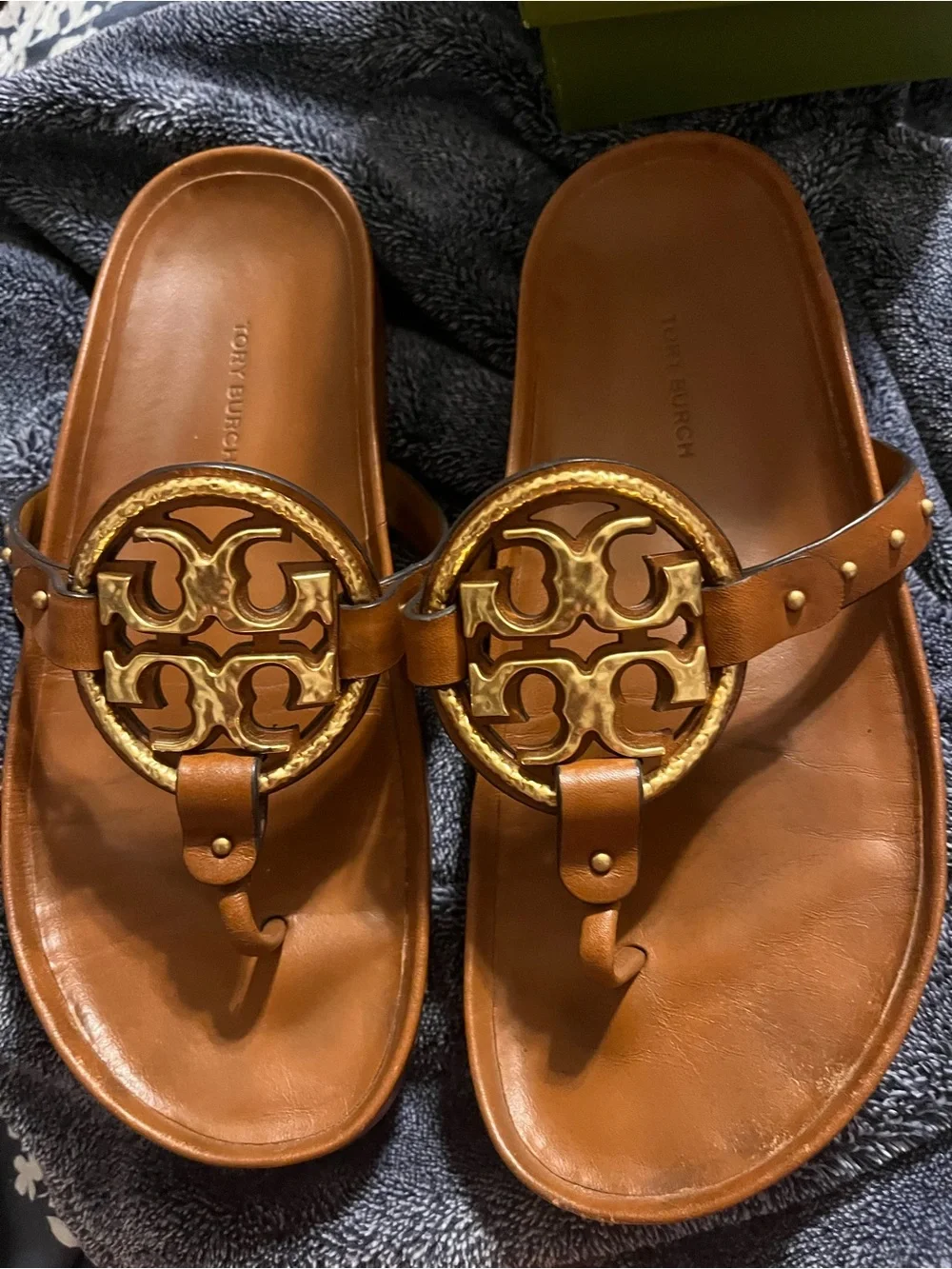 Tory Burch Tan Leather Miller Thong Sandals with Gold Logo